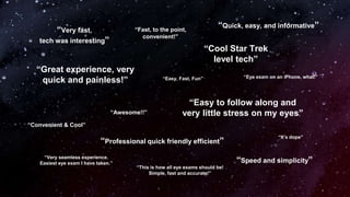 “Very fast,
tech was interesting”
“Great experience, very
quick and painless!”
“Cool Star Trek
level tech”
“Easy to follow along and
very little stress on my eyes”
“Fast, to the point,
convenient!”
“Quick, easy, and informative”
“Convenient & Cool”
“Awesome!!”
“Very seamless experience.
Easiest eye exam I have taken.”
“This is how all eye exams should be!
Simple, fast and accurate!”
“Speed and simplicity”
“It’s dope”
“Easy, Fast, Fun” “Eye exam on an iPhone, what!”
“Professional quick friendly efficient”
 