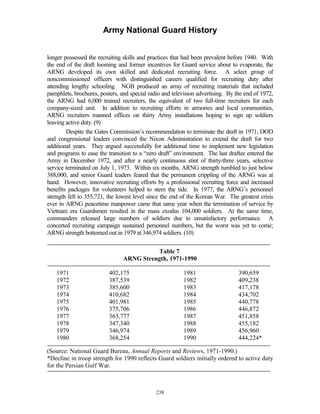 Army National Guard History 
longer possessed the recruiting skills and practices that had been prevalent before 1940. With the end of the draft looming and former incentives for Guard service about to evaporate, the ARNG developed its own skilled and dedicated recruiting force. A select group of noncommissioned officers with distinguished careers qualified for recruiting duty after attending lengthy schooling. NGB produced an array of recruiting materials that included pamphlets, brochures, posters, and special radio and television advertising. By the end of 1972, the ARNG had 6,000 trained recruiters, the equivalent of two full-time recruiters for each company-sized unit. In addition to recruiting efforts in armories and local communities, ARNG recruiters manned offices on thirty Army installations hoping to sign up soldiers leaving active duty. (9) 
Despite the Gates Commission’s recommendation to terminate the draft in 1971, DOD and congressional leaders convinced the Nixon Administration to extend the draft for two additional years. They argued successfully for additional time to implement new legislation and programs to ease the transition to a “zero draft” environment. The last draftee entered the Army in December 1972, and after a nearly continuous stint of thirty-three years, selective service terminated on July 1, 1973. Within six months, ARNG strength tumbled to just below 388,000, and senior Guard leaders feared that the permanent crippling of the ARNG was at hand. However, innovative recruiting efforts by a professional recruiting force and increased benefits packages for volunteers helped to stem the tide. In 1977, the ARNG’s personnel strength fell to 355,721, the lowest level since the end of the Korean War. The greatest crisis ever in ARNG peacetime manpower came that same year when the termination of service by Vietnam era Guardsmen resulted in the mass exodus 104,000 soldiers. At the same time, commanders released large numbers of soldiers due to unsatisfactory performance. A concerted recruiting campaign sustained personnel numbers, but the worst was yet to come; ARNG strength bottomed out in 1979 at 346,974 soldiers. (10) 
Table 7 ARNG Strength, 1971-1990 
1971 
402,175 
1981 
390,659 
1972 
387,539 
1982 
409,238 
1973 
385,600 
1983 
417,178 
1974 
410,682 
1984 
434,702 
1975 
401,981 
1985 
440,778 
1976 
375,706 
1986 
446,872 
1977 
363,777 
1987 
451,858 
1978 
347,340 
1988 
455,182 
1979 
346,974 
1989 
456,960 
1980 
368,254 
1990 
444,224* 
(Source: National Guard Bureau, Annual Reports and Reviews, 1971-1990.) 
*Decline in troop strength for 1990 reflects Guard soldiers initially ordered to active duty 
for the Persian Gulf War. 
238 
 