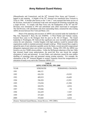 Army National Guard History 
(Massachusetts and Connecticut), and the 50th Armored (New Jersey and Vermont) — lagged in unit manning. A brigade of the 50th Armored was transferred from Vermont to Texas in 1988. A broader plan known as the “3 into 1” soon emerged that broke up two of the divisions, inactivated or restationed weak units and merged all remaining commands into a single division. To comply with Base Force cuts, the headquarters of the 26th and 50th Divisions were eliminated in 1993 and subordinate units either inactivated or reassigned. The 42d Division, with subordinate units from surrounding States, remained the only existing ARNG division between New York and Maine. (22) 
Much of the planning and execution of ARNG cuts occurred under the leadership of Maj. Gen. Raymond F. Rees, the new DARNG. A West Pointer and Vietnam veteran, General Rees came to the Pentagon from his post as the AG of Oregon. The Guard leadership in Washington, DC believed that significant cuts were inevitable and established criteria for unit reductions. Combat brigades with high readiness would be retained while organizations unable to maintain personnel strength would go. While General Rees sought to spread the pain of unit reductions equitably across the States, several powerful congressional delegations engineered minor cuts in their own districts. During 1991-1995, the ARNG was forced to cut over 70,000 citizen-soldiers. Unlike the McNamara reductions of the late 1960s that trimmed Guard troop authorizations, the post-Cold War cuts forced the outright elimination of units and personnel. In most States, unit reductions caused the near endless shuffling of remaining units and personnel among existing armories. For example, the elimination of the 30th Armored Brigade in western Tennessee forced the reorganization or relocation of nearly every unit in the Tennessee ARNG. (23) 
Table 8 ARNG STRENGTH, 1991-2000 
YEAR STRENGTH 1991 446,121 1992 426,528 1993 409,919 1994 396,928 1995 374,930 1996 369,976 1997 370,046 1998 362,459 1999 357,469 2000 353,045 
PERSONNEL CHANGES 
-19,593 -16,609 -12,991 -21,998 -4,954 +70 -7,587 -4,990 -4,424 
(Source: National Guard Bureau, Annual Review, 1991-2000.) 
296 
 