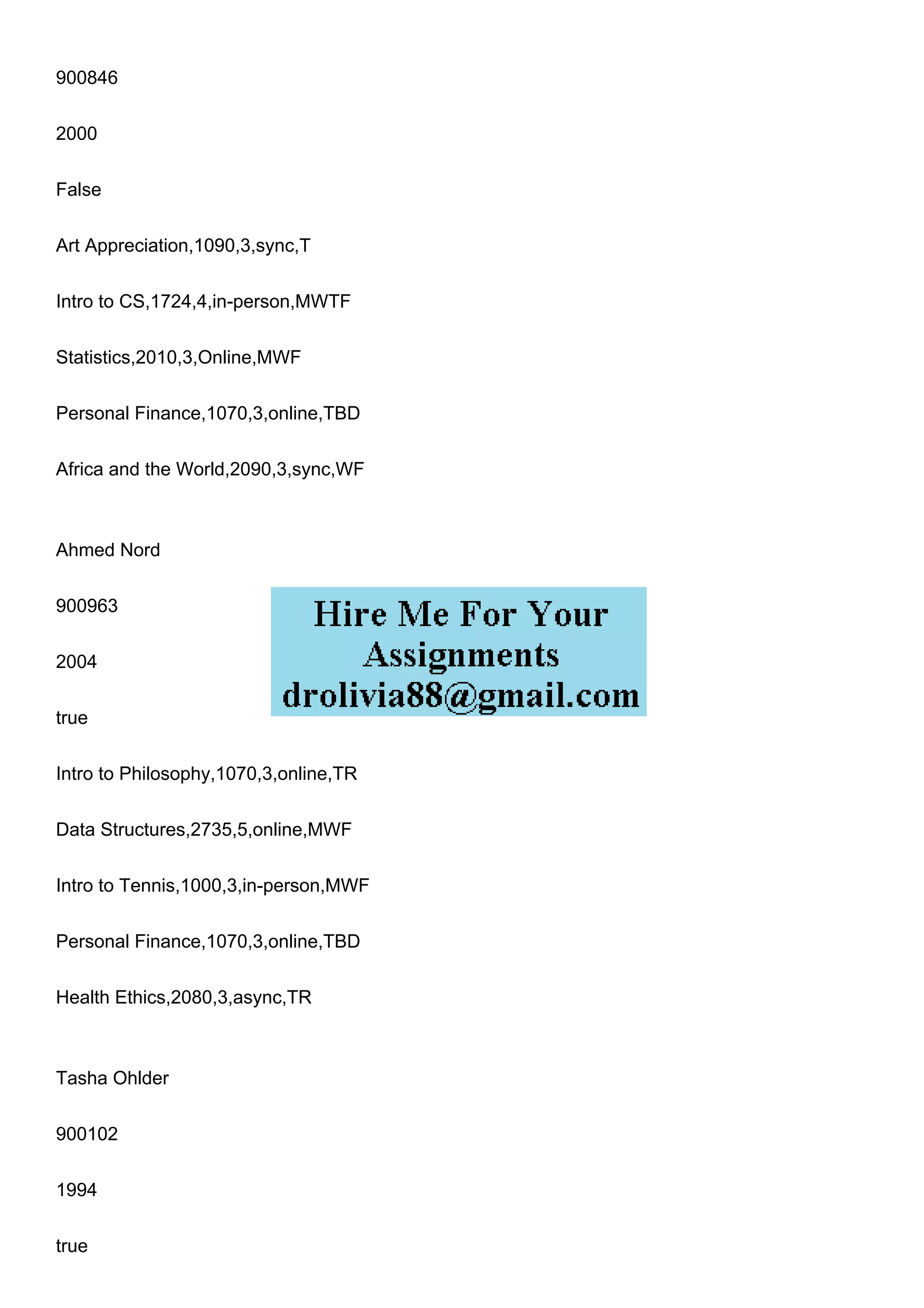 900846
2000
False
Art Appreciation,1090,3,sync,T
Intro to CS,1724,4,in-person,MWTF
Statistics,2010,3,Online,MWF
Personal Finance,1070,3,online,TBD
Africa and the World,2090,3,sync,WF
Ahmed Nord
900963
2004
true
Intro to Philosophy,1070,3,online,TR
Data Structures,2735,5,online,MWF
Intro to Tennis,1000,3,in-person,MWF
Personal Finance,1070,3,online,TBD
Health Ethics,2080,3,async,TR
Tasha Ohlder
900102
1994
true
 