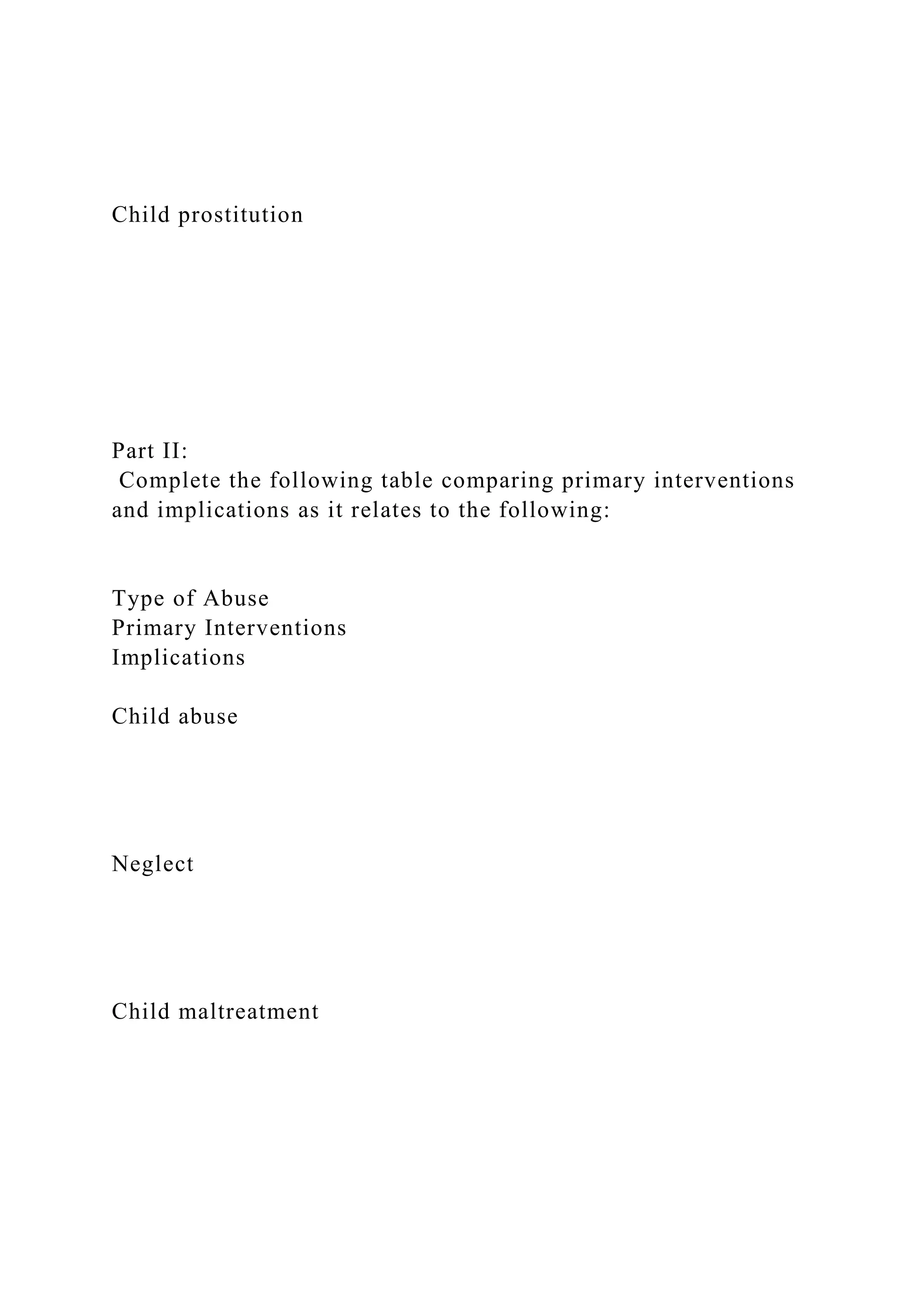 Child prostitution
Part II:
Complete the following table comparing primary interventions
and implications as it relates to the following:
Type of Abuse
Primary Interventions
Implications
Child abuse
Neglect
Child maltreatment