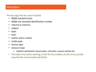 Metadata
The key tags that we used included:
• NZQA standard name
• NZQA unit standard identification number
• internal or external
• subject
• topic
• level
• author and or school
• media type
• licence type
• resource type
• student worksheet, lesson plan, unit plan, course outline etc
• This takes time while working on the file but enables any file to be quickly
searched for and correctly identified
 