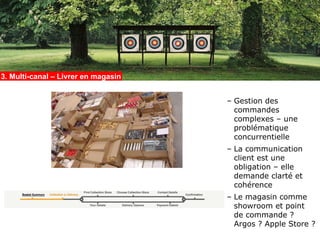 3. Multi-canal – Livrer en magasin


                                     – Gestion des
                                       commandes
                                       complexes – une
                                       problématique
                                       concurrentielle
                                     – La communication
                                       client est une
                                       obligation – elle
                                       demande clarté et
                                       cohérence
                                     – Le magasin comme
                                       showroom et point
                                       de commande ?
                                       Argos ? Apple Store ?
 