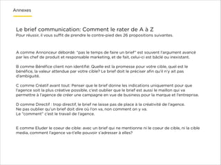 Annexes

Le brief communication: Comment le rater de A à Z
Pour réussir, il vous suﬃt de prendre le contre-pied des 26 propositions suivantes.

A comme Annonceur débordé: “pas le temps de faire un brief” est souvent l’argument avancé
par les chef de produit et responsable marketing, et de fait, celui-ci est bâclé ou inexistant.

!

B comme Bénéﬁce client non identiﬁé: Quelle est la promesse pour votre cible, quel est le
bénéﬁce, la valeur attendue par votre cible? Le brief doit le préciser aﬁn qu’il n’y ait pas
d’ambiguité.

!

C comme Créatif avant tout: Penser que le brief donne les indications uniquement pour que
l’agence soit la plus créative possible, c’est oublier que le brief est aussi le maillon qui va
permettre à l’agence de créer une campagne en vue de business pour la marque et l’entreprise.

!

D comme Directif : trop directif, le brief ne laisse pas de place à la créativité de l’agence.
Ne pas oublier qu’un brief doit dire où l’on va, non comment on y va.
Le ”comment” c’est le travail de l’agence.

!
!

E comme Eluder le coeur de cible: avec un brief qui ne mentionne ni le coeur de cible, ni la cible
media, comment l’agence va-t’elle pouvoir s’adresser à elles?

 