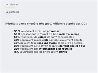F#**ing brief!

Le contexte

Résultats d’une enquête très (peu) oﬃcielle auprès des DC :
- 95 % voudraient avoir une promesse 
- 55 % pensent que le format est bon, mais mal rempli  
- 50% voudraient des piges de com’ concurrentes 
- 35% voudraient que la cible soit plus clairement décrite  
- 30% peuvent faire sans une masse complète de détails  
- 25% voudraient juste savoir ce qu’ils doivent dire et à qui  
- 25% voudraient des informations plus fournies 
- 15% voudraient que les briefs soient signés

 