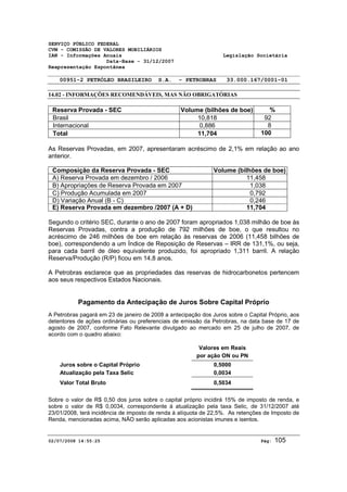 SERVIÇO PÚBLICO FEDERAL 
CVM - COMISSÃO DE VALORES MOBILIÁRIOS 
IAN - Informações Anuais Legislação Societária 
Data-Base - 31/12/2007 
Reapresentação Espontânea 
00951-2 PETRÓLEO BRASILEIRO S.A. - PETROBRAS 33.000.167/0001-01 
14.02 - INFORMAÇÕES RECOMENDÁVEIS, MAS NÃO OBRIGATÓRIAS 
Reserva Provada - SEC Volume (bilhões de boe) % 
Brasil 10,818 92 
Internacional 0,886 8 
Total 11,704 100 
As Reservas Provadas, em 2007, apresentaram acréscimo de 2,1% em relação ao ano 
anterior. 
Composição da Reserva Provada - SEC Volume (bilhões de boe) 
A) Reserva Provada em dezembro / 2006 11,458 
B) Apropriações de Reserva Provada em 2007 1,038 
C) Produção Acumulada em 2007 0,792 
D) Variação Anual (B - C) 0,246 
E) Reserva Provada em dezembro /2007 (A + D) 11,704 
Segundo o critério SEC, durante o ano de 2007 foram apropriados 1,038 milhão de boe às 
Reservas Provadas, contra a produção de 792 milhões de boe, o que resultou no 
acréscimo de 246 milhões de boe em relação às reservas de 2006 (11,458 bilhões de 
boe), correspondendo a um Índice de Reposição de Reservas – IRR de 131,1%, ou seja, 
para cada barril de óleo equivalente produzido, foi apropriado 1,311 barril. A relação 
Reserva/Produção (R/P) ficou em 14,8 anos. 
A Petrobras esclarece que as propriedades das reservas de hidrocarbonetos pertencem 
aos seus respectivos Estados Nacionais. 
Pagamento da Antecipação de Juros Sobre Capital Próprio 
A Petrobras pagará em 23 de janeiro de 2008 a antecipação dos Juros sobre o Capital Próprio, aos 
detentores de ações ordinárias ou preferenciais de emissão da Petrobras, na data base de 17 de 
agosto de 2007, conforme Fato Relevante divulgado ao mercado em 25 de julho de 2007, de 
acordo com o quadro abaixo: 
Valores em Reais 
por ação ON ou PN 
Juros sobre o Capital Próprio 0,5000 
Atualização pela Taxa Selic 0,0034 
Valor Total Bruto 0,5034 
Sobre o valor de R$ 0,50 dos juros sobre o capital próprio incidirá 15% de imposto de renda, e 
sobre o valor de R$ 0,0034, correspondente à atualização pela taxa Selic, de 31/12/2007 até 
23/01/2008, terá incidência de imposto de renda à alíquota de 22,5%. As retenções de Imposto de 
Renda, mencionadas acima, NÃO serão aplicadas aos acionistas imunes e isentos. 
02/07/2008 14:55:25 Pág: 105 
 