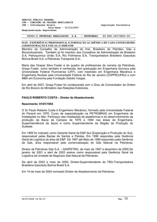 SERVIÇO PÚBLICO FEDERAL 
CVM - COMISSÃO DE VALORES MOBILIÁRIOS 
IAN - Informações Anuais Legislação Societária 
Data-Base - 31/12/2007 
Reapresentação Espontânea 
00951-2 PETRÓLEO BRASILEIRO S.A. - PETROBRAS 33.000.167/0001-01 
02.02 - EXPERIÊNCIA PROFISSIONAL E FORMAÇÃO ACADÊMICA DE CADA CONSELHEIRO 
(ADMINISTRAÇÃO E FISCAL) E DIRETOR 
Membro do Conselho de Administração do Inst. Brasileiro de Petróleo, Gás e 
Biocombustíveis. Também já foi membro dos Conselhos de Administração da Braskem 
S.A, Petroquímica União S.A, Rio Polímeros S.A, Transportadora Brásileira Gasoduto 
Bolívia-Brasil S.A. e Petrobras Transporte S.A.. 
Maria das Graças Silva Foster é do quadro de profissionais de carreira da Petrobras. 
Graça Foster, como também é conhecida, tem graduação em Engenharia Química pela 
Universidade Federal Fluminense (UFF), com mestrado em Engenharia Mecânica e 
Engenharia Nuclear pela Universidade Federal do Rio de Janeiro (COPPE/UFRJ) e com 
MBA em Economia pela Fundação Getúlio Vargas. 
Em abril de 2007, Graça Foster foi condecorada com o Grau de Comendador da Ordem 
de Rio Branco do Ministério das Relações Exteriores. 
PAULO ROBERTO COSTA – Diretor de Abastecimento 
Nascimento: 01/01/1954 
O Sr Paulo Roberto Costa é Engenheiro Mecânico, formado pela Universidade Federal 
do Paraná em 1976. Curso de especialização na PETROBRAS em Engenharia de 
Instalações no Mar. Participou das instalações de plataformas e do desenvolvimento da 
produção da Bacia de Campos de 1979 a 1994 nas áreas de Engenharia, 
Superintendência de Apoio e como Superintendente da Região de Produção do 
Sudeste. 
Em 1995 foi indicado como Gerente Geral da E&P-Sul (Exploração e Produção do Sul), 
responsável pelas Bacias de Santos e Pelotas. Em 1996 respondeu pela Gerência 
Geral de Logística da área de E&P. De 1997 até Maio de 1999 respondeu pela Gerência 
de Gás, área responsável pela comercialização do Gás Natural na Petrobras. 
Diretor da Petrobras Gás S.A. - GASPETRO, de maio de 1997 a dezembro de 2000.De 
janeiro de 2001 a abril de 2003 esteve como responsável pela Gerência Geral de 
Logística da Unidade de Negócios Gás Natural da Petrobras. 
De abril de 2003 a maio de 2004, Diretor-Superintendente da TBG-Transportadora 
Brasileira Gasoduto Bolívia Brasil S.A. 
Em 14 de maio de 2004 nomeado Diretor de Abastecimento da Petrobras. 
02/07/2008 14:54:27 Pág: 13 
 