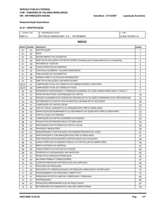 SERVIÇO PÚBLICO FEDERAL 
CVM - COMISSÃO DE VALORES MOBILIÁRIOS 
IAN - INFORMAÇÕES ANUAIS 
Reapresentação Espontânea 
01.01 - IDENTIFICAÇÃO 
Legislação Societária 
00951-2 PETRÓLEO BRASILEIRO S.A. - PETROBRAS 33.000.167/0001-01 
ÍNDICE 
GRUPO QUADRO DESCRIÇÃO 
Data-Base - 31/12/2007 
1 - CÓDIGO CVM 2 - DENOMINAÇÃO SOCIAL 3 - CNPJ 
PÁGINA 
01 01 IDENTIFICAÇÃO 1 
01 02 SEDE 1 
01 03 DEPARTAMENTO DE ACIONISTAS 1 
01 04 DIRETOR DE RELAÇÕES COM INVESTIDORES (Endereço para Correspondência com a Companhia) 2 
01 05 REFERÊNCIA / AUDITOR 2 
01 06 CARACTERÍSTICAS DA EMPRESA 2 
01 07 CONTROLE ACIONÁRIO / VALORES MOBILIÁRIOS 3 
01 08 PUBLICAÇÕES DE DOCUMENTOS 3 
01 09 JORNAIS ONDE A CIA DIVULGA INFORMAÇÕES 3 
01 10 DIRETOR DE RELAÇÕES COM INVESTIDORES 3 
02.01 01 COMPOSIÇÃO ATUAL DO CONSELHO DE ADMINISTRAÇÃO E DIRETORIA 4 
02.01 02 COMPOSIÇÃO ATUAL DO CONSELHO FISCAL 5 
02 02 EXPERIÊNCIA PROFISSIONAL E FORMAÇÃO ACADÊMICA DE CADA CONSELHEIRO (ADM. E FISCAL) E 6 
03 01 EVENTOS RELATIVOS A DISTRIBUIÇÃO DO CAPITAL 18 
03 02 POSIÇÃO ACIONÁRIA DOS ACIONISTAS COM MAIS DE 5% DE AÇÕES ORDINÁRIAS E/OU PREFERENCIAIS 19 
03 03 DISTRIBUIÇÃO DO CAPITAL DOS ACIONISTAS COM MAIS DE 5% DAS AÇÕES 20 
04 01 COMPOSIÇÃO DO CAPITAL SOCIAL 20 
04 02 CAPITAL SOCIAL SUBSCRITO E ALTERAÇÕES NOS TRÊS ÚLTIMOS ANOS 21 
04 03 BONIFICAÇÃO/DESDOBRAMENTO OU GRUPAMENTO DE AÇÕES NOS TRÊS ÚLTIMOS ANOS 22 
04 04 CAPITAL SOCIAL AUTORIZADO 23 
04 05 COMPOSIÇÃO DO CAPITAL ACIONÁRIO AUTORIZADO 23 
06 01 PROVENTOS DISTRIBUÍDOS NOS 3 ÚLTIMOS ANOS 24 
06 03 DISPOSIÇÕES ESTATUTÁRIAS DO CAPITAL SOCIAL 26 
06 04 DIVIDENDO OBRIGATÓRIO 26 
07 01 REMUNERAÇÃO E PARTICIPAÇÃO DOS ADMINISTRADORES NO LUCRO 27 
07 02 PARTICIPAÇÕES E CONTRIBUIÇÕES NOS TRÊS ÚLTIMOS ANOS 27 
07 03 PARTICIPAÇÃO EM SOCIEDADES CONTROLADAS E/OU COLIGADAS 28 
08 01 CARACTERÍSTICAS DA EMISSÃO PÚBLICA OU PARTICULAR DE DEBÊNTURES 29 
09 01 BREVE HISTÓRICO DA EMPRESA 32 
09 02 CARACTERÍSTICA DO SETOR DE ATUAÇÃO 40 
09 03 PERÍODOS DE SAZONALIDADE NOS NEGÓCIOS 45 
10 01 PRODUTOS E SERVIÇOS OFERECIDOS 46 
10 02 MATÉRIAS PRIMAS E FORNECEDORES 47 
10 03 CLIENTES PRINCIPAIS POR PRODUTOS E/OU SERVIÇOS 48 
11 01 PROCESSO DE PRODUÇÃO 49 
11 02 PROCESSO DE COMERCIALIZAÇÃO, DISTRIBUIÇÃO, MERCADOS E EXPORTAÇÃO 73 
11 03 POSICIONAMENTO NO PROCESSO COMPETITIVO 79 
12 01 PRINCIPAIS PATENTES, MARCAS COMERCIAIS E FRANQUIAS 83 
13 01 PROPRIEDADES 85 
14 01 PROJEÇÕES EMPRESARIAIS E/OU DE RESULTADOS 87 
14 02 INFORMAÇÕES RECOMENDÁVEIS, MAS NÃO OBRIGATÓRIAS 101 
02/07/2008 14:55:52 Pág: 177 
 