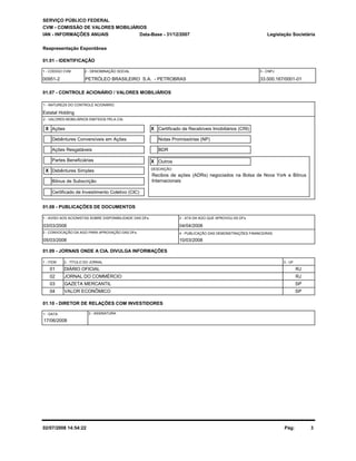 SERVIÇO PÚBLICO FEDERAL 
CVM - COMISSÃO DE VALORES MOBILIÁRIOS 
IAN - INFORMAÇÕES ANUAIS 
Reapresentação Espontânea 
01.01 - IDENTIFICAÇÃO 
Legislação Societária 
Data-Base - 31/12/2007 
1 - CÓDIGO CVM 2 - DENOMINAÇÃO SOCIAL 3 - CNPJ 
00951-2 PETRÓLEO BRASILEIRO S.A. - PETROBRAS 33.000.167/0001-01 
2 - ATA DA AGO QUE APROVOU AS DFs. 
Certificado de Investimento Coletivo (CIC) 
3 - CONVOCAÇÃO DA AGO PARA APROVAÇÃO DAS DFs. 4 - PUBLICAÇÃO DAS DEMONSTRAÇÕES FINANCEIRAS 
10/03/2008 
01.07 - CONTROLE ACIONÁRIO / VALORES MOBILIÁRIOS 
1 - NATUREZA DO CONTROLE ACIONÁRIO 
Estatal Holding 
2 - VALORES MOBILIÁRIOS EMITIDOS PELA CIA. 
X Ações 
Debêntures Conversíveis em Ações 
Ações Resgatáveis 
Partes Beneficiárias 
X Debêntures Simples 
Bônus de Subscrição 
01.08 - PUBLICAÇÕES DE DOCUMENTOS 
1 - AVISO AOS ACIONISTAS SOBRE DISPONIBILIDADE DAS DFs. 
03/03/2008 
04/04/2008 
05/03/2008 
Certificado de Recebíveis Imobiliários (CRI) 
Notas Promissórias (NP) 
BDR 
X 
X Outros 
DESCRIÇÃO 
Recibos de ações (ADRs) negociados na Bolsa de Nova York e Bônus 
Internacionais 
01.09 - JORNAIS ONDE A CIA. DIVULGA INFORMAÇÕES 
1 - ITEM 2 - TÍTULO DO JORNAL 3 - UF 
01 DIÁRIO OFICIAL RJ 
02 JORNAL DO COMMÉRCIO RJ 
03 GAZETA MERCANTIL SP 
04 VALOR ECONÔMICO SP 
01.10 - DIRETOR DE RELAÇÕES COM INVESTIDORES 
1 - DATA 2 - ASSINATURA 
17/06/2008 
02/07/2008 14:54:22 Pág: 3 
 