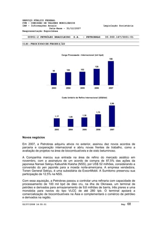SERVIÇO PÚBLICO FEDERAL 
CVM - COMISSÃO DE VALORES MOBILIÁRIOS 
IAN - Informações Anuais Legislação Societária 
Data-Base - 31/12/2007 
Reapresentação Espontânea 
00951-2 PETRÓLEO BRASILEIRO S.A. - PETROBRAS 33.000.167/0001-01 
11.01 - PROCESSO DE PRODUÇÃO 
Carga Processada - Internacional (mil bpd) 
94 100 103 
126 
186 
2003 2004 2005 2006 2007 
Custo Unitário de Refino Internacional (US$/bbl) 
1,17 1,09 
1,30 
1,73 
2,96 
2003 2004 2005 2006 2007 
Novos negócios 
Em 2007, a Petrobras adquiriu ativos no exterior, assinou dez novos acordos de 
parceria e cooperação internacional e abriu novas frentes de trabalho, como a 
avaliação de projetos na área de biocombustíveis e de xisto betuminoso. 
A Companhia marcou sua entrada na área de refino do mercado asiático em 
novembro, com a assinatura de um acordo de compra de 87,5% das ações da 
japonesa Nansei Sekiyu Kabushiki Kaisha (NSS), por US$ 52 milhões, considerando a 
conversão do yen japonês para a moeda norte-americana. A empresa vendedora, 
Tonen General Sekiyu, é uma subsidiária da ExxonMobil. A Sumitomo preservou sua 
participação de 12,5% na NSS. 
Com essa aquisição, a Petrobras passou a controlar uma refinaria com capacidade de 
processamento de 100 mil bpd de óleo cru, na ilha de Okinawa, um terminal de 
petróleo e derivados para armazenamento de 9,6 milhões de barris, três píeres e uma 
monobóia para navios do tipo VLCC de até 280 tpb. O terminal apoiará a 
comercialização de biocombustíveis na Ásia e complementará o comércio de petróleo 
e derivados na região. 
02/07/2008 14:55:01 Pág: 68 
 