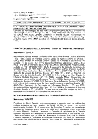 SERVIÇO PÚBLICO FEDERAL 
CVM - COMISSÃO DE VALORES MOBILIÁRIOS 
IAN - Informações Anuais Legislação Societária 
Data-Base - 31/12/2007 
Reapresentação Espontânea 
00951-2 PETRÓLEO BRASILEIRO S.A. - PETROBRAS 33.000.167/0001-01 
02.02 - EXPERIÊNCIA PROFISSIONAL E FORMAÇÃO ACADÊMICA DE CADA CONSELHEIRO 
(ADMINISTRAÇÃO E FISCAL) E DIRETOR 
Conselho de Administração da Boa Vista Energia (BOVESA/2002-2003); Conselho de 
Administração da Manaus Energia e da CEAM (1999-2000); Conselho de Administração 
da CEMAR (1992-1994); Conselho Deliberativo do Projeto Reviver - Revitalização do 
Centro Histórico de São Luís (1991-1994); MBA Executivo Internacional (Amana-Key- 
APG, São Paulo, 1996) e MBA Executivo em Finanças (IBMEC Business School, Brasília, 
1999). 
FRANCISCO ROBERTO DE ALBUQUERQUE – Membro do Conselho de Administração 
Nascimento: 17/05/1937 
Bacharel em Ciências Militares (Academia Militar das Agulhas Negras - AMAN - Resende 
- RJ) - 1958, Mestre em Ciências Militares (Escola de Aperfeiçoamento de Oficiais - 
EsAO) 1969, Doutor em Ciências Militares (Escola de Comando e Estado-Maior do 
Exército - Rio de Janeiro - RJ) 1977 e Bacharel em Ciências Econômicas - UNIPA - São 
Paulo - SP) 1968. Comandante do 2o. Grupo de Artilharia de Campanha Autopropulsado, 
sediado em ITU - SP (1984-1986), Chefe de Assessoria do Gabinete do Ministro de 
Exército, Brasília - DF (1986-1987), Chefe da Comissão do Exército Brasileiro e Adjunto 
do Adido Militar, Washington - Estados Unidos da América (1987-1989) e Subchefe de 
Gabinete do Ministro do Exército, Brasília - DF (1989-1991). Chefe do Gabinete do 
Estado-Maior do Exército, Brasília - DF (1991-1994), Comandante da 11 a. Brigada de 
Infantaria Blindada, Campinas - SP (1994-1995), Mediador Militar - Coordenador do 
processo de paz no conflito entre Equador e Peru (1995-1996), Subchefe do Estado-Maior 
do Exército, Brasília - DF (1996-1997), Secretário Geral do Exército, Brasília - DF (1997- 
2000), Chefe do Departamento de Serviços, atual Departamento Logístico, Brasília - DF 
(2000-2001), Secretário de Tecnologia da Informação, Brasília - DF, em 2001, 
Comandante Militar do Sudeste, São Paulo - SP (2001-2002) e Comandante do Exército 
Brasileiro, Brasília - DF (2003-2007). Durante sua carreira militar recebeu ao todo 22 
condecorações nacionais e 16 condecorações internacionais. 
ARTHUR ANTONIO SENDAS – Membro do Conselho de Administração 
Nascimento: 16/06/1935 
Presidente do Grupo Sendas, empresa que ocupa o primeiro lugar no ranking das 
maiores empresas do setor varejista do Estado do Rio de Janeiro, com capital 
genuinamente brasileiro. É vice-presidente do Conselho Consultivo da Associação 
Brasileira dos Supermercados - Abras e, por cinco anos, representou o setor privado no 
Conselho Monetário Nacional; Presidente do Conselho de Administração e Diretoria 
Executiva de Sendas S/A.; Presidente de Sendas Empreendimentos e Participações Ltda. 
; Presidente Sendas Agropecuária S/A., Presidente da Diretoria Executiva de Sendas 
Comércio Exterior S/A.; Presidente da Diretoria Executiva de Casa Show S/A.; Presidente 
do Conselho de Administração de Sendas Distribuidora S/A.. Membro do Conselho de 
02/07/2008 14:54:27 Pág: 9 
 