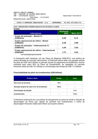 SERVIÇO PÚBLICO FEDERAL 
CVM - COMISSÃO DE VALORES MOBILIÁRIOS 
IAN - Informações Anuais Legislação Societária 
Data-Base - 31/12/2007 
Reapresentação Espontânea 
00951-2 PETRÓLEO BRASILEIRO S.A. - PETROBRAS 33.000.167/0001-01 
14.01 - PROJEÇÕES EMPRESARIAIS E/OU DE RESULTADOS 
Custos 
Realizado 
Indicadores 2006 
Meta 2012 
6,59 
6,13 
2,29 3,69 
Custo de extração – Brasil (*) 
(US$/boe) 
Custo operacional de refino - Brasil 
(US$/bbl) 
3,36 3,52 
Custo de extração – Internacional (*) 
(US$/boe) 
1,73 2,24 
Custo operacional de refino - Internacional 
(US$/bbl) 
* sem participação governamental 
A Companhia está mantendo, em seu Plano de Negócios 2008-2012, uma política de 
preços alinhada ao mercado internacional. A Petrobras estima obter uma geração própria 
de caixa de US$ 104,4 bilhões no período (líquido do pagamento de dividendos), recurso 
suficiente para cobrir 93% do Plano de Investimentos. As captações no mercado 
financeiro serão de US$ 19,4 bilhões e a amortização das dívidas de US$ 11,4 bilhões. 
Financiabilidade do plano de investimentos (US$ bilhões) 
Fontes 
19,4 
104,4 
- 
- 
Usos 
- 
- 
11,4 
112,4 
Fontes e Usos 
Recursos de terceiros 
Geração própria de caixa livre de dividendos 
Amortização de dívidas 
Investimentos 
A Petrobras continuará com sua política de alongamento do prazo da dívida e redução da 
alavancagem de forma que, apesar do aumento dos investimentos, o índice de 
alavancagem financeira média será inferior ao do plano anterior. 
02/07/2008 14:55:24 Pág: 91 
 