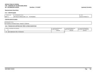 SERVIÇO PÚBLICO FEDERAL 
CVM - COMISSÃO DE VALORES MOBILIÁRIOS 
IAN - INFORMAÇÕES ANUAIS 
Reapresentação Espontânea 
01.01 - IDENTIFICAÇÃO 
1 - CÓDIGO CVM 
2 - DENOMINAÇÃO SOCIAL 3 - CNPJ 
00951-2 PETRÓLEO BRASILEIRO S.A. - PETROBRAS 33.000.167/0001-01 
DENOMINAÇÃO SOCIAL 
19.02 - PEDIDOS EM CARTEIRA NOS TRÊS ÚLTIMOS EXERCÍCIOS 
1- ITEM 2 - DESCRIÇÃO DOS PEDIDOS 
Legislação Societária 
3 - VALOR DOS PEDIDOS NO 4 - VALOR DOS PEDIDOS NO 5 - VALOR DOS PEDIDOS NO 
ÚLTIMO EXERCÍCIO PENÚLTIMO EXERCÍCIO ANTEPENÚLTIMO EXERCÍCIO 
CONTROLADA/COLIGADA 
PETROBRAS INTERNATIONAL FINANCE COMPANY 
(Reais Mil) (Reais Mil) (Reais Mil) 
Data-Base - 31/12/2007 
99 ENCOMENDAS NÃO ATENDIDAS 0 
02/07/2008 14:55:39 Pág: 164 
 