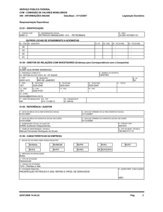 SERVIÇO PÚBLICO FEDERAL 
CVM - COMISSÃO DE VALORES MOBILIÁRIOS 
IAN - INFORMAÇÕES ANUAIS 
Reapresentação Espontânea 
01.01 - IDENTIFICAÇÃO 
Legislação Societária 
Data-Base - 31/12/2007 
1 - CÓDIGO CVM 2 - DENOMINAÇÃO SOCIAL 3 - CNPJ 
00951-2 PETRÓLEO BRASILEIRO S.A. - PETROBRAS 33.000.167/0001-01 
OUTROS LOCAIS DE ATENDIMENTO A ACIONISTAS 
35 - ITEM 36 - MUNICÍPIO 37- UF 38 - DDD 39 - TELEFONE 40 - TELEFONE 
04 - - 
03 - - 
02 - - 
01 - - 
01.04 - DIRETOR DE RELAÇÕES COM INVESTIDORES (Endereço para Correspondência com a Companhia) 
1 - NOME 
ALMIR GUILHERME BARBASSA 
2 - ENDEREÇO COMPLETO 
3 - BAIRRO OU DISTRITO 
AV. REPÚBLICA DO CHILE, 65 - 23º ANDAR CENTRO 
4 - CEP 
5 - MUNICÍPIO 
20031-912 RIO DE JANEIRO 
7 - DDD 
8 - TELEFONE 
9 - TELEFONE 
10 - TELEFONE 11 - TELEX 
021 3224-2040 3224-2041 3224-2042 
12 - DDD 
13 - FAX 
14 - FAX 15 - FAX 
021 3224-4152 
- - 
16 - E-MAIL 
barbassa@petrobras.com.br 
17 - DIRETOR BRASILEIRO 18 - CPF 18 - PASSAPORTE 
SIM 
01.05 - REFERÊNCIA / AUDITOR 
1 - DATA DE INÍCIO DO ÚLTIMO EXERCÍCIO SOCIAL 
01/01/2007 
3 - DATA DE INÍCIO DO EXERCÍCIO SOCIAL EM CURSO 
01/01/2008 
5 - NOME/RAZÃO SOCIAL DO AUDITOR 
KPMG Auditores Independentes 
1 - BOLSA DE VALORES ONDE POSSUI REGISTRO 
2 - MERCADO DE NEGOCIAÇÃO 
Operacional 
4 - CÓDIGO DE ATIVIDADE 
5 - ATIVIDADE PRINCIPAL 
2 - DATA DE TÉRMINO DO ÚLTIMO EXERCÍCIO SOCIAL 
31/12/2007 
4 - DATA DE TÉRMINO DO EXERCÍCIO SOCIAL EM CURSO 
31/12/2008 
00418-9 
NÃO 
012.113.586-15 CL 998182 
6 - UF 
RJ 
Manuel Fernandes Rodrigues de Sousa 783.840.017-15 
01.06 - CARACTERÍSTICAS DA EMPRESA 
BVBAAL 
BVES BVPP BVRG 
BVPR BVRJ 
X BOVESPA 
BVST 
Bolsa 
1010 - Petróleo e Gás 
BVMESB 
3 - TIPO DE SITUAÇÃO 
6 - CÓDIGO CVM 
7 - NOME DO RESPONSÁVEL TÉCNICO 8 - CPF DO RESP. TÉCNICO 
6 - AÇÕES PREF. COM CLASSES 
PROSPECÇÃO PETRÓLEO E GAS, REFINO E PROD. DE DERIVADOS 
02/07/2008 14:54:22 Pág: 2 
 