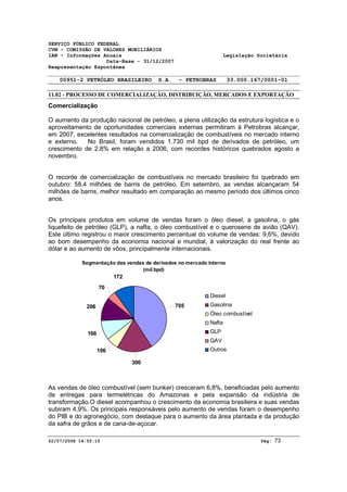 SERVIÇO PÚBLICO FEDERAL 
CVM - COMISSÃO DE VALORES MOBILIÁRIOS 
IAN - Informações Anuais Legislação Societária 
Data-Base - 31/12/2007 
Reapresentação Espontânea 
00951-2 PETRÓLEO BRASILEIRO S.A. - PETROBRAS 33.000.167/0001-01 
11.02 - PROCESSO DE COMERCIALIZAÇÃO, DISTRIBUIÇÃO, MERCADOS E EXPORTAÇÃO 
Comercialização 
O aumento da produção nacional de petróleo, a plena utilização da estrutura logística e o 
aproveitamento de oportunidades comerciais externas permitiram à Petrobras alcançar, 
em 2007, excelentes resultados na comercialização de combustíveis no mercado interno 
e externo. No Brasil, foram vendidos 1.730 mil bpd de derivados de petróleo, um 
crescimento de 2,8% em relação a 2006, com recordes históricos quebrados agosto a 
novembro. 
O recorde de comercialização de combustíveis no mercado brasileiro foi quebrado em 
outubro: 58,4 milhões de barris de petróleo. Em setembro, as vendas alcançaram 54 
milhões de barris, melhor resultado em comparação ao mesmo período dos últimos cinco 
anos. 
Os principais produtos em volume de vendas foram o óleo diesel, a gasolina, o gás 
liquefeito de petróleo (GLP), a nafta, o óleo combustível e o querosene de avião (QAV). 
Este último registrou o maior crescimento percentual do volume de vendas: 9,6%, devido 
ao bom desempenho da economia nacional e mundial, à valorização do real frente ao 
dólar e ao aumento de vôos, principalmente internacionais. 
Segmentação das vendas de derivados no mercado interno 
(mil bpd) 
300 
70 
106 
206 
166 
172 
705 
Diesel 
Gasolina 
Óleo combustível 
Nafta 
GLP 
QAV 
Outros 
As vendas de óleo combustível (sem bunker) cresceram 6,8%, beneficiadas pelo aumento 
de entregas para termelétricas do Amazonas e pela expansão da indústria de 
transformação.O diesel acompanhou o crescimento da economia brasileira e suas vendas 
subiram 4,9%. Os principais responsáveis pelo aumento de vendas foram o desempenho 
do PIB e do agronegócio, com destaque para o aumento da área plantada e da produção 
da safra de grãos e de cana-de-açúcar. 
02/07/2008 14:55:15 Pág: 73 
 