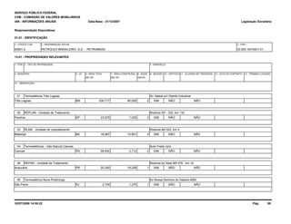 SERVIÇO PÚBLICO FEDERAL 
CVM - COMISSÃO DE VALORES MOBILIÁRIOS 
IAN - INFORMAÇÕES ANUAIS 
Reapresentação Espontânea 
01.01 - IDENTIFICAÇÃO 
1 - CÓDIGO CVM 
00951-2 
2 - DENOMINAÇÃO SOCIAL 
Data-Base - 31/12/2007 
PETRÓLEO BRASILEIRO S.A. - PETROBRAS 
13.01 - PROPRIEDADES RELEVANTES 
1- ITEM 2 - TIPO DE PROPRIEDADE 
Legislação Societária 
3 - CNPJ 
33.000.167/0001-01 
5 - UF 6 - ÁREA TOTAL 
3 - ENDEREÇO 
4 - MUNICÍPIO 7 - ÁREA CONSTRUÍDA 8 - IDADE 9 - SEGURO 10 - HIPOTECA 11 - ALUGADA DE TERCEIROS 12 - DATA DO CONTRATO 13 - TÉRMINO LOCAÇÃO 
(MIL M²) (MIL M²) (ANOS) 
14 - OBSERVAÇÃO 
01 Termoelétrica Três Lagoas 
MS 230,717 
Av. Mabel s/n Distrito Industrial 
Três Lagoas 80,000 2 SIM NÃO NÃO 
02 REPLAN - Unidade de Tratamento 
SP 23,975 
Rodovia SP - 332, km 132 
Paulínia 1,025 2 SIM NÃO NÃO 
03 RLAM - Unidade de craqueamento 
BA 16,687 
Rodovia BA 523, km 4 
Mataripe 14,801 3 SIM NÃO NÃO 
04 Termoelétricas - Gás Natural Canoas 
RS 98,600 
Auto Freite Uzin 
Canoas 2,712 2 SIM NÃO NÃO 
05 REPAR - Unidade de Tratamento 
PR 20,240 
Rodovia do Xisto BR 476 - km 16 
Araucária 19,228 1 SIM NÃO NÃO 
06 Termoelétrica Nova Piratininga 
RJ 2,754 
Av Nossa Senhora do Sabará 4900 
São Paulo 1,275 1 SIM NÃO NÃO 
02/07/2008 14:55:22 Pág: 85 
 
