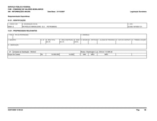 SERVIÇO PÚBLICO FEDERAL 
CVM - COMISSÃO DE VALORES MOBILIÁRIOS 
IAN - INFORMAÇÕES ANUAIS 
Reapresentação Espontânea 
01.01 - IDENTIFICAÇÃO 
1 - CÓDIGO CVM 
00951-2 
2 - DENOMINAÇÃO SOCIAL 
Data-Base - 31/12/2007 
PETRÓLEO BRASILEIRO S.A. - PETROBRAS 
13.01 - PROPRIEDADES RELEVANTES 
1- ITEM 2 - TIPO DE PROPRIEDADE 
Legislação Societária 
3 - CNPJ 
33.000.167/0001-01 
5 - UF 6 - ÁREA TOTAL 
3 - ENDEREÇO 
4 - MUNICÍPIO 7 - ÁREA CONSTRUÍDA 8 - IDADE 9 - SEGURO 10 - HIPOTECA 11 - ALUGADA DE TERCEIROS 12 - DATA DO CONTRATO 13 - TÉRMINO LOCAÇÃO 
(MIL M²) (MIL M²) (ANOS) 
14 - OBSERVAÇÃO 
07 Unidade de Destilação - REDUC 
RJ 10.000,000 
Rodov. Washington Luiz, S/N km 113 BR-40 
Duque de Caxias 14,000 1 SIM NÃO NÃO 
02/07/2008 14:55:22 Pág: 86 
 