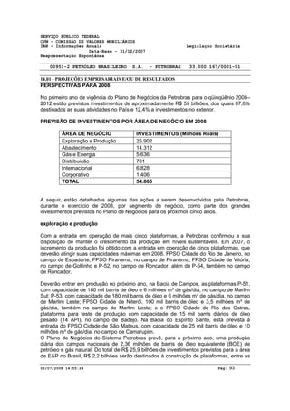 SERVIÇO PÚBLICO FEDERAL 
CVM - COMISSÃO DE VALORES MOBILIÁRIOS 
IAN - Informações Anuais Legislação Societária 
Data-Base - 31/12/2007 
Reapresentação Espontânea 
00951-2 PETRÓLEO BRASILEIRO S.A. - PETROBRAS 33.000.167/0001-01 
14.01 - PROJEÇÕES EMPRESARIAIS E/OU DE RESULTADOS 
PERSPECTIVAS PARA 2008 
No primeiro ano de vigência do Plano de Negócios da Petrobras para o qüinqüênio 2008– 
2012 estão previstos investimentos de aproximadamente R$ 55 bilhões, dos quais 87,6% 
destinados as suas atividades no País e 12,4% a investimentos no exterior. 
PREVISÃO DE INVESTIMENTOS POR ÁREA DE NEGÓCIO EM 2008 
ÁREA DE NEGÓCIO INVESTIMENTOS (Milhões Reais) 
Exploração e Produção 25.902 
Abastecimento 14.312 
Gás e Energia 5.636 
Distribuição 781 
Internacional 6.828 
Corporativo 1.406 
TOTAL 54.865 
A seguir, estão detalhadas algumas das ações a serem desenvolvidas pela Petrobras, 
durante o exercício de 2008, por segmento de negócio, como parte dos grandes 
investimentos previstos no Plano de Negócios para os próximos cinco anos. 
exploração e produção 
Com a entrada em operação de mais cinco plataformas, a Petrobras confirmou a sua 
disposição de manter o crescimento da produção em níveis sustentáveis. Em 2007, o 
incremento da produção foi obtido com a entrada em operação de cinco plataformas, que 
deverão atingir suas capacidades máximas em 2008. FPSO Cidade do Rio de Janeiro, no 
campo de Espadarte, FPSO Piranema, no campo de Piranema, FPSO Cidade de Vitória, 
no campo de Golfinho e P-52, no campo de Roncador, além da P-54, também no campo 
de Roncador. 
Deverão entrar em produção no próximo ano, na Bacia de Campos, as plataformas P-51, 
com capacidade de 180 mil barris de óleo e 6 milhões m³ de gás/dia, no campo de Marlim 
Sul; P-53, com capacidade de 180 mil barris de óleo e 6 milhões m³ de gás/dia, no campo 
de Marlim Leste; FPSO Cidade de Niterói, 100 mil barris de óleo e 3,5 milhões m³ de 
gás/dia, também no campo de Marlim Leste; e o FPSO Cidade de Rio das Ostras, 
plataforma para teste de produção com capacidade de 15 mil barris diários de óleo 
pesado (14 API), no campo de Badejo. Na Bacia do Espírito Santo, está prevista a 
entrada do FPSO Cidade de São Mateus, com capacidade de 25 mil barris de óleo e 10 
milhões m³ de gás/dia, no campo de Camarupim. 
O Plano de Negócios do Sistema Petrobras prevê, para o próximo ano, uma produção 
diária dos campos nacionais de 2,36 milhões de barris de óleo equivalente (BOE) de 
petróleo e gás natural. Do total de R$ 25,9 bilhões de investimentos previstos para a área 
de E&P no Brasil, R$ 2,2 bilhões serão destinados à construção de plataformas, entre as 
02/07/2008 14:55:24 Pág: 93 
 
