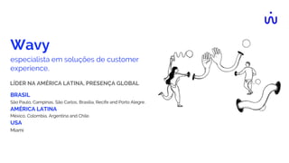 Wavy
especialista em soluções de customer
experience.
BRASIL
São Paulo, Campinas, São Carlos, Brasília, Recife and Porto Alegre.
AMÉRICA LATINA
México, Colombia, Argentina and Chile.
USA
Miami
LÍDER NA AMÉRICA LATINA, PRESENÇA GLOBAL
 