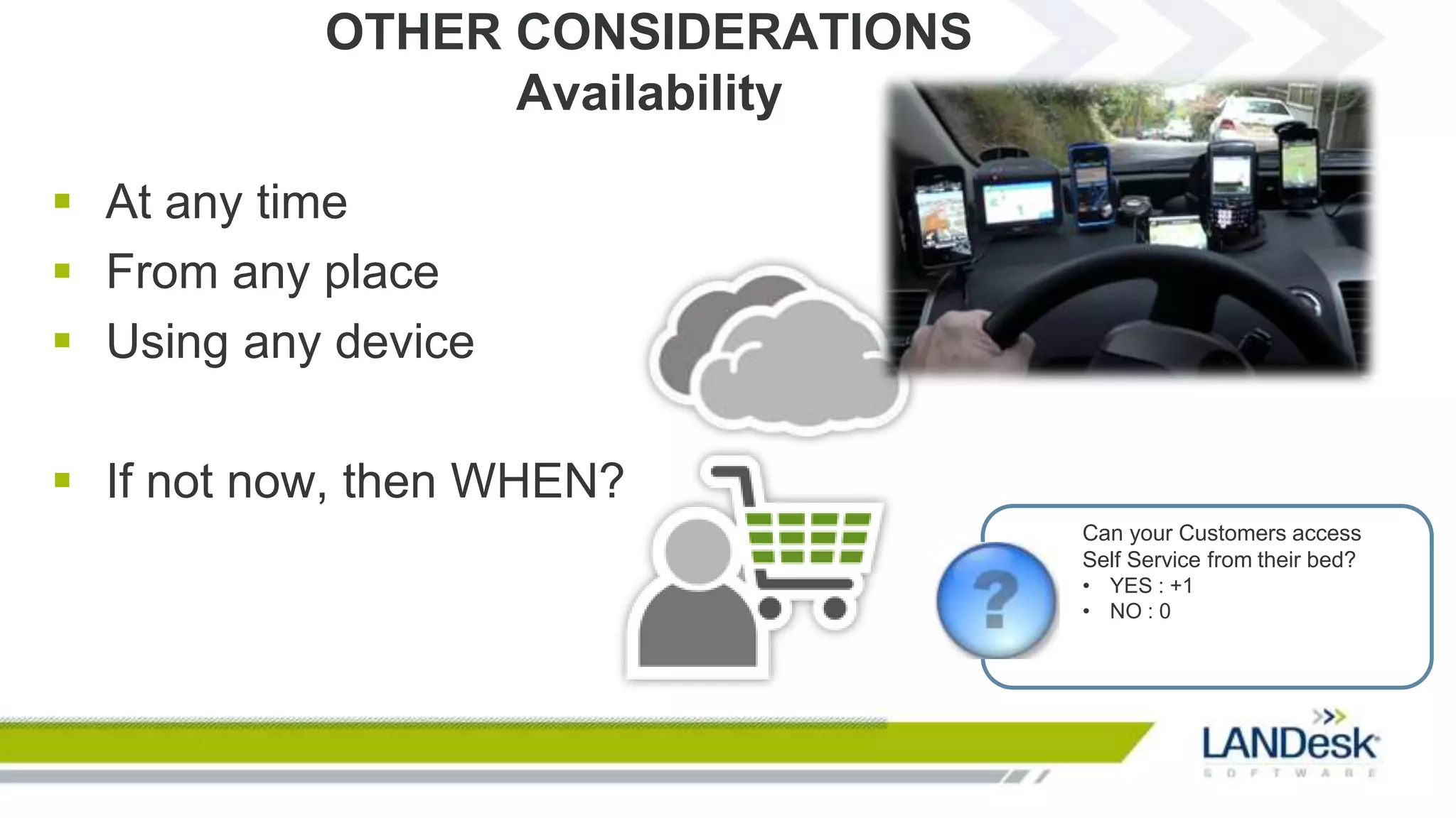 OTHER CONSIDERATIONS
                 Availability

 At any time
 From any place
 Using any device

 If not now, then WHEN?
                                  Can your Customers access
                                  Self Service from their bed?
                                  • YES : +1
                                  • NO : 0
 