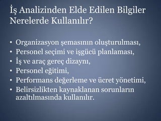İş Analizinden Elde Edilen Bilgiler
Nerelerde Kullanılır?
•
•
•
•
•
•

Organizasyon şemasının oluşturulması,
Personel seçimi ve işgücü planlaması,
İş ve araç gereç dizaynı,
Personel eğitimi,
Performans değerleme ve ücret yönetimi,
Belirsizlikten kaynaklanan sorunların
azaltılmasında kullanılır.

 
