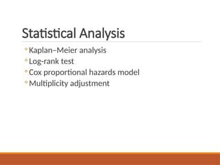 Statistical Analysis
◦ Kaplan–Meier analysis
◦ Log-rank test
◦ Cox proportional hazards model
◦ Multiplicity adjustment
 
