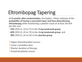 Eltrombopag Tapering
At 6 months after randomization, the Kaplan– Meier estimate of the
probability of having a successful taper and then discontinuing
eltrombopag while maintaining a platelet count of at least 30×109
per liter was
◦ 59% (95% CI, 44 to 71) in the 9-mg ianalumab group,
◦ 60% (95% CI, 45 to 72) in the 3-mg ianalumab group, and
◦ 38% (95% CI, 25 to 52) in the placebo group
Higher discontinuation success
Lower cumulative dose
Shorter duration of therapy
Sustained platelet counts
 