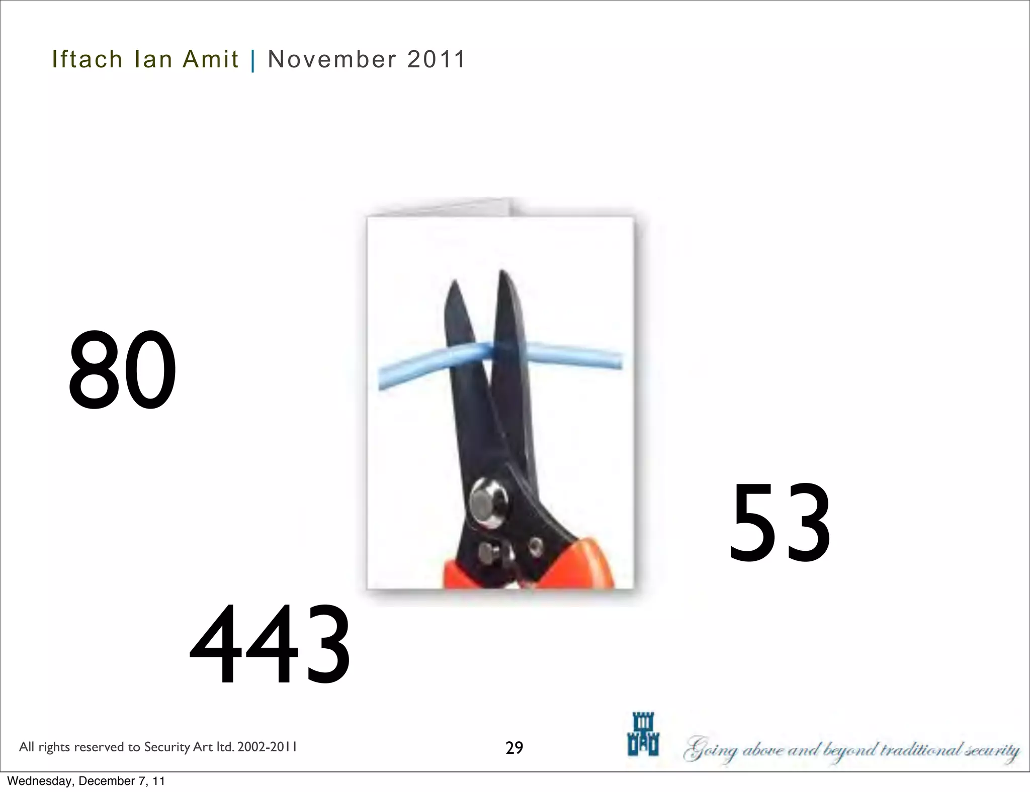 Iftach Ian Amit | November 2011




         80
                                                           53
                               443
 All rights reserved to Security Art ltd. 2002-2011   29
Wednesday, December 7, 11
 