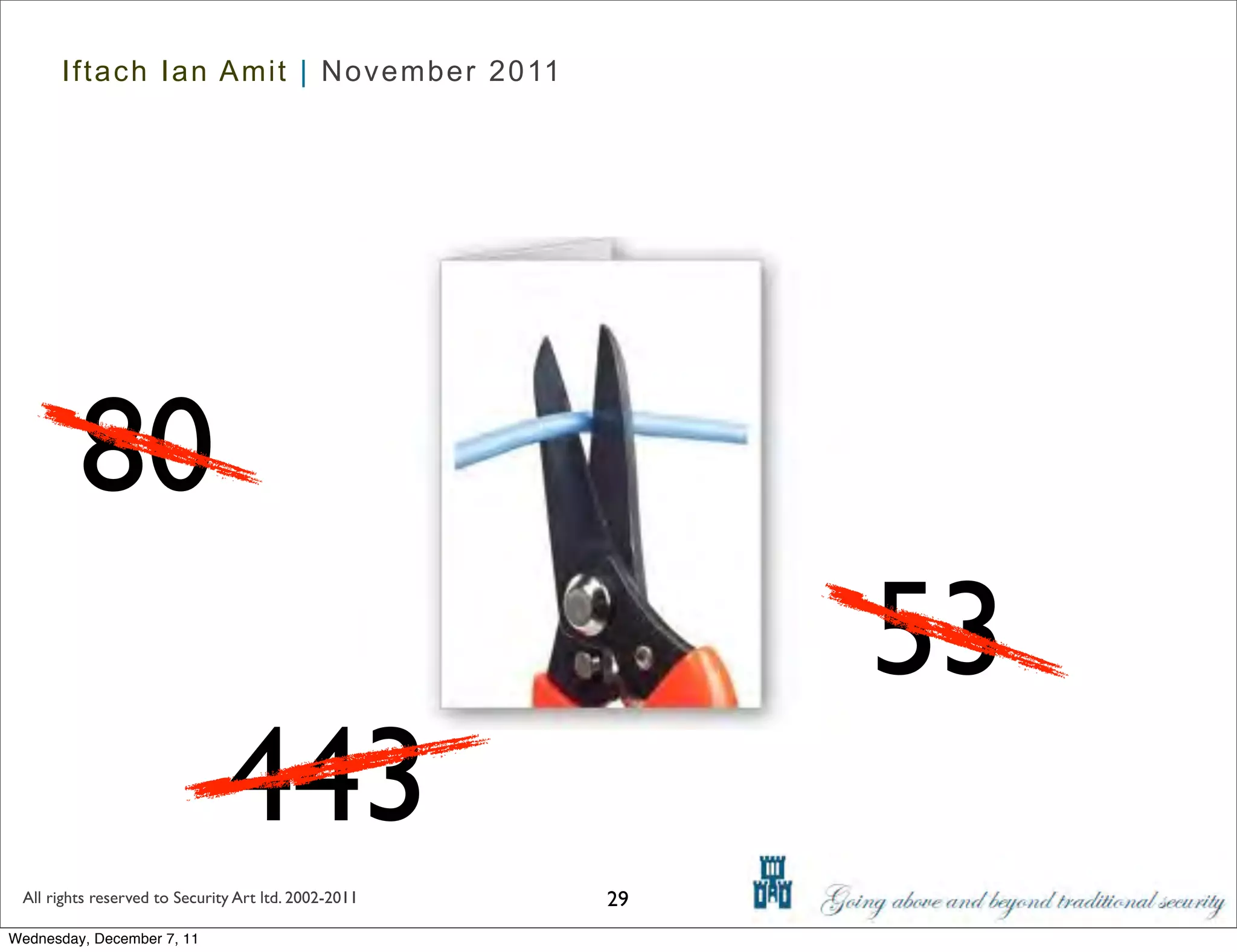 Iftach Ian Amit | November 2011




         80
                                                           53
                               443
 All rights reserved to Security Art ltd. 2002-2011   29
Wednesday, December 7, 11
 