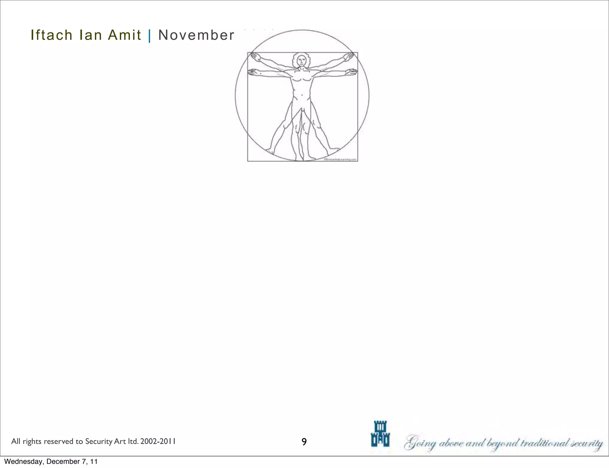 Iftach Ian Amit | November 2011




 All rights reserved to Security Art ltd. 2002-2011   9
Wednesday, December 7, 11
 
