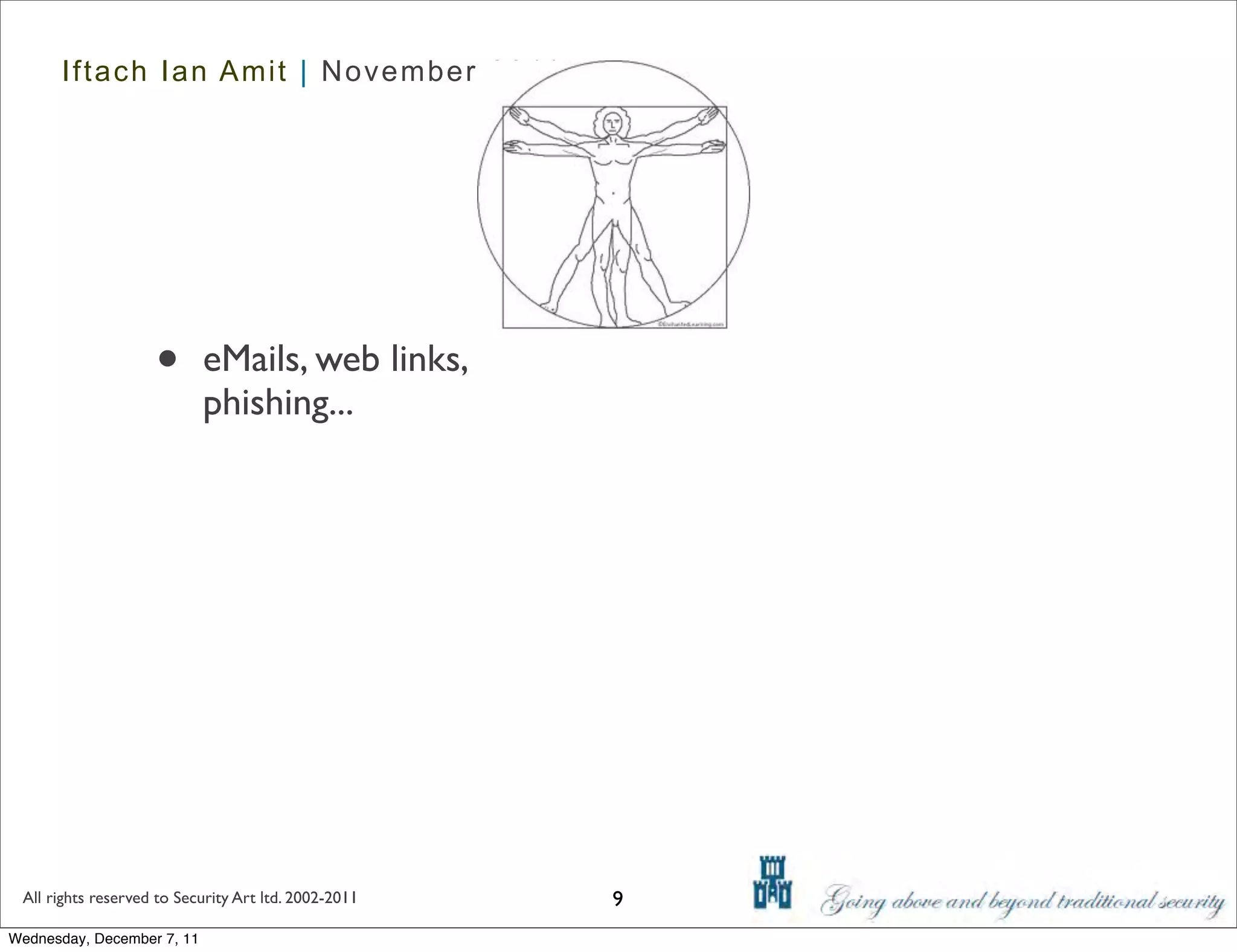 Iftach Ian Amit | November 2011




                    •       eMails, web links,
                            phishing...




 All rights reserved to Security Art ltd. 2002-2011   9
Wednesday, December 7, 11
 