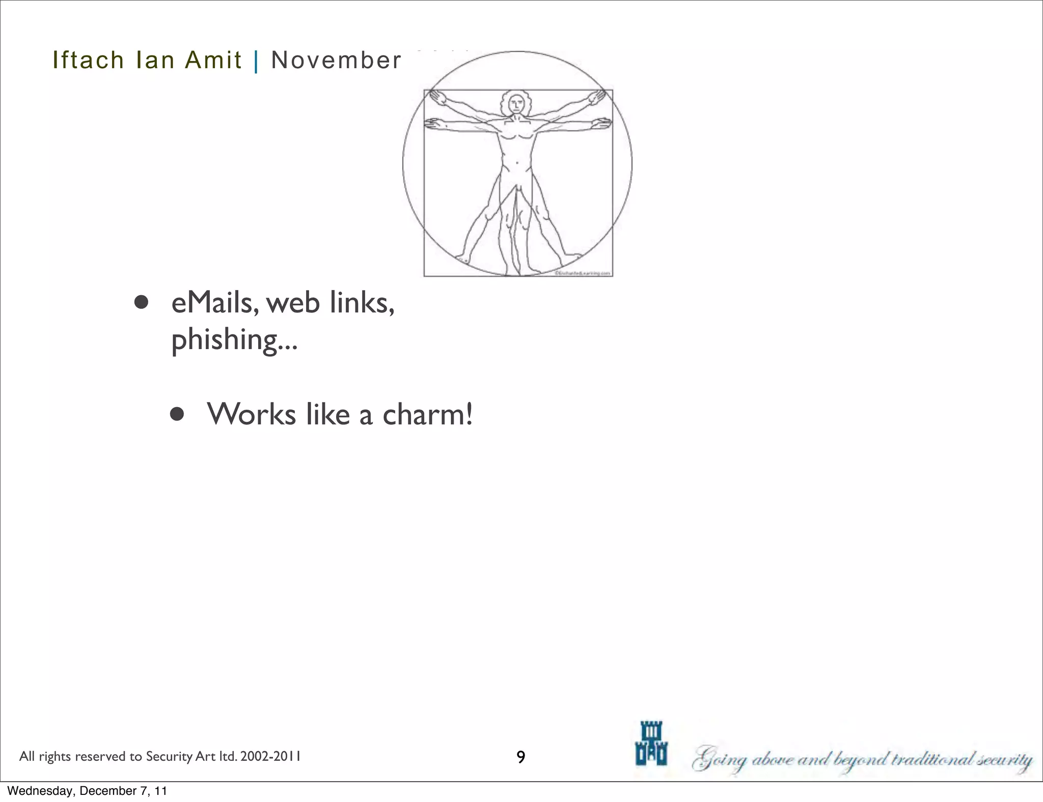 Iftach Ian Amit | November 2011




                    •       eMails, web links,
                            phishing...

                           •      Works like a charm!




 All rights reserved to Security Art ltd. 2002-2011     9
Wednesday, December 7, 11
 