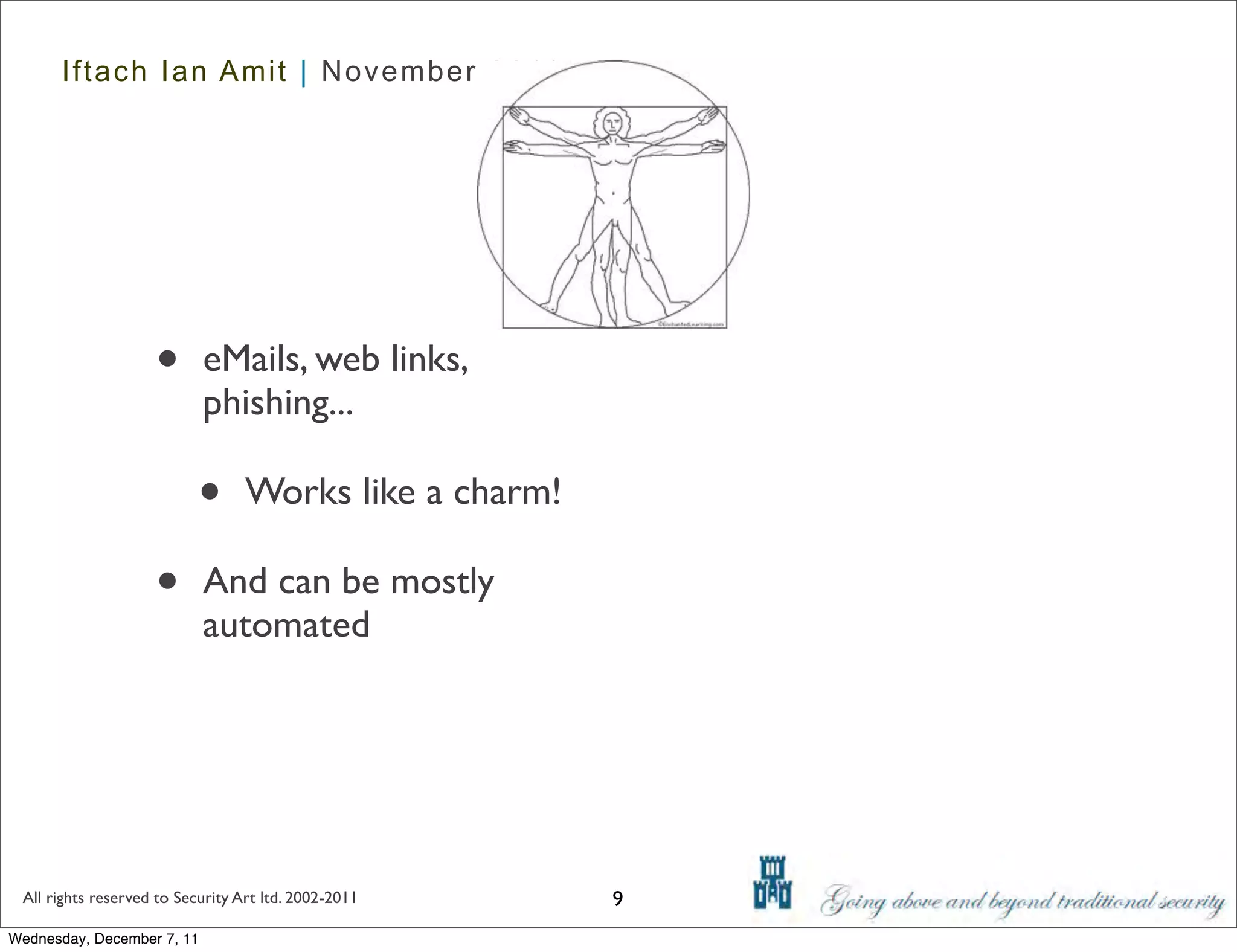 Iftach Ian Amit | November 2011




                    •       eMails, web links,
                            phishing...

                           •      Works like a charm!

                    •       And can be mostly
                            automated




 All rights reserved to Security Art ltd. 2002-2011     9
Wednesday, December 7, 11
 