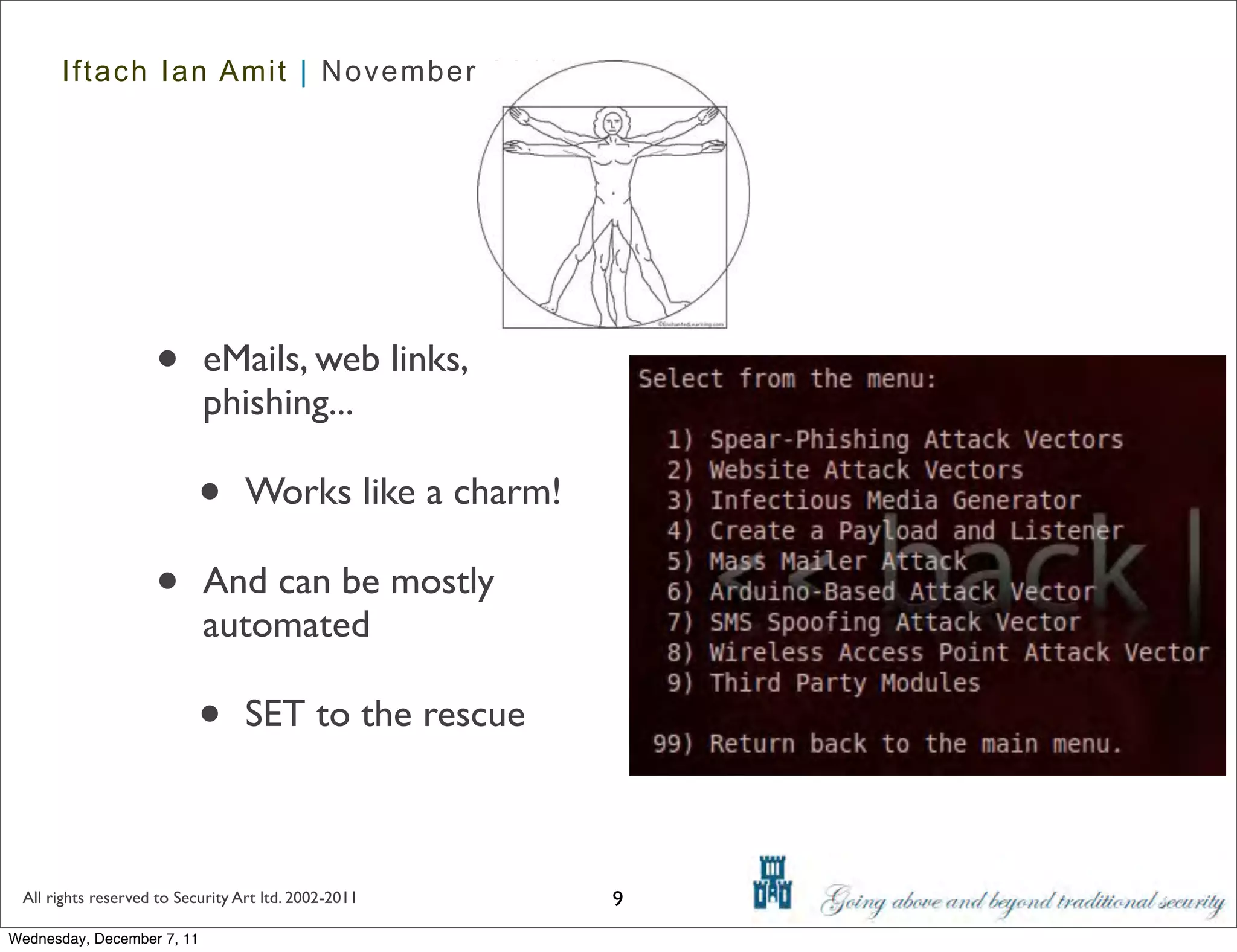 Iftach Ian Amit | November 2011




                    •       eMails, web links,
                            phishing...

                           •      Works like a charm!

                    •       And can be mostly
                            automated

                           •      SET to the rescue



 All rights reserved to Security Art ltd. 2002-2011     9
Wednesday, December 7, 11
 