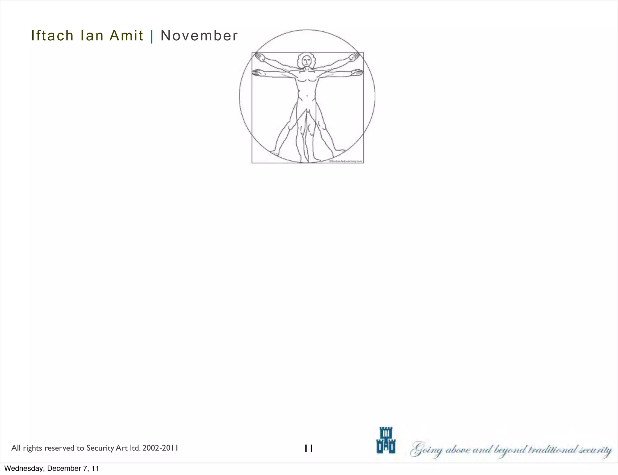 Iftach Ian Amit | November 2011




 All rights reserved to Security Art ltd. 2002-2011   11
Wednesday, December 7, 11
 