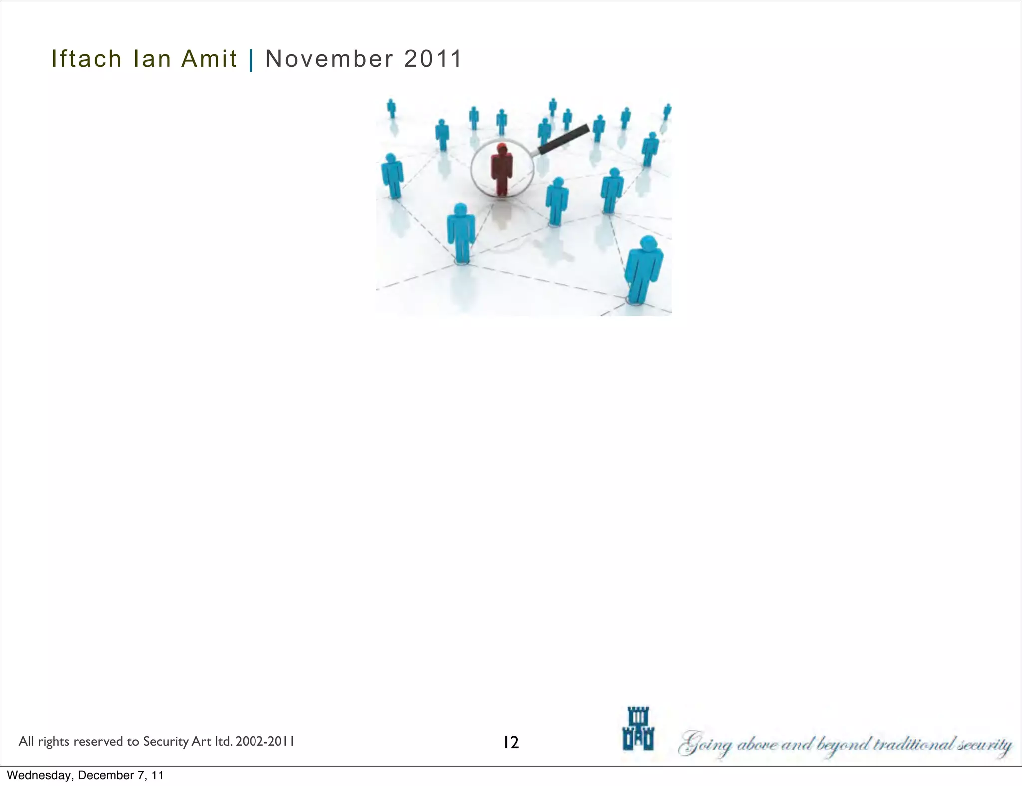 Iftach Ian Amit | November 2011




 All rights reserved to Security Art ltd. 2002-2011   12
Wednesday, December 7, 11
 