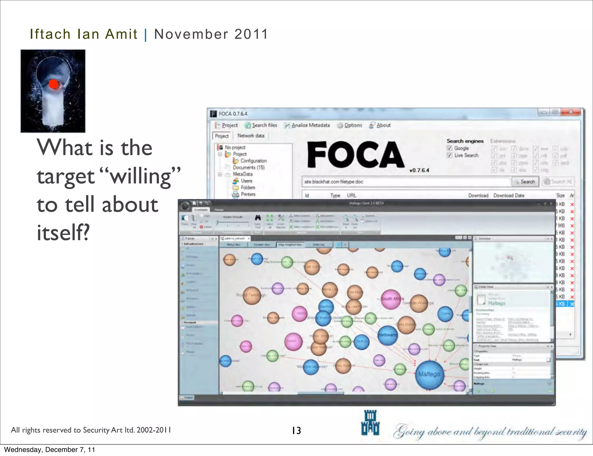 Iftach Ian Amit | November 2011




        What is the
        target “willing”
        to tell about
        itself?




 All rights reserved to Security Art ltd. 2002-2011   13
Wednesday, December 7, 11
 