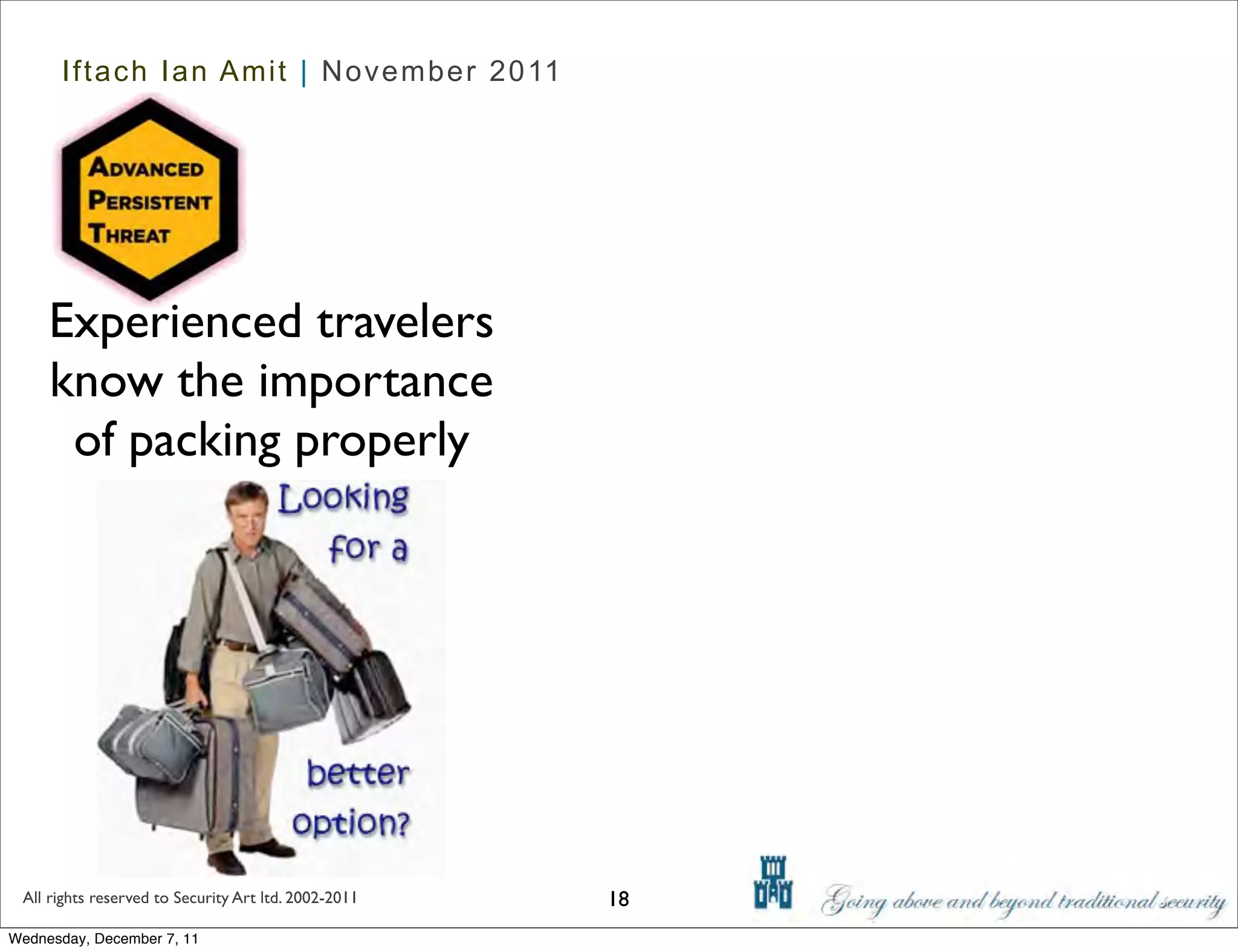 Iftach Ian Amit | November 2011




     Experienced travelers
     know the importance
      of packing properly




 All rights reserved to Security Art ltd. 2002-2011   18
Wednesday, December 7, 11
 