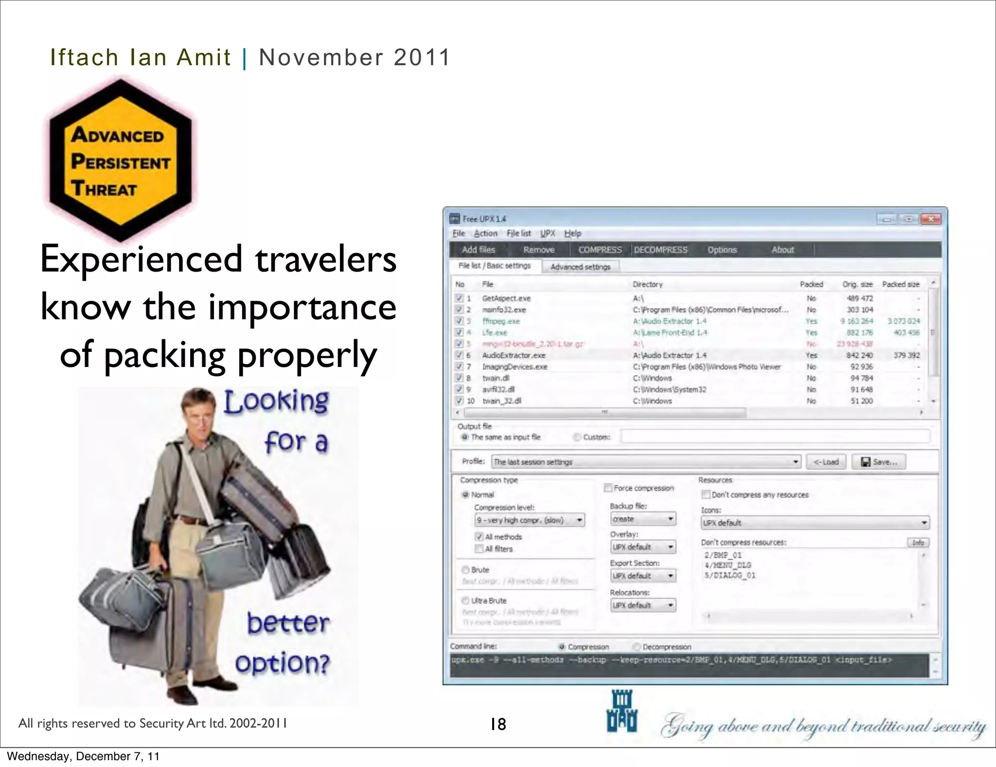 Iftach Ian Amit | November 2011




     Experienced travelers
     know the importance
      of packing properly




 All rights reserved to Security Art ltd. 2002-2011   18
Wednesday, December 7, 11
 