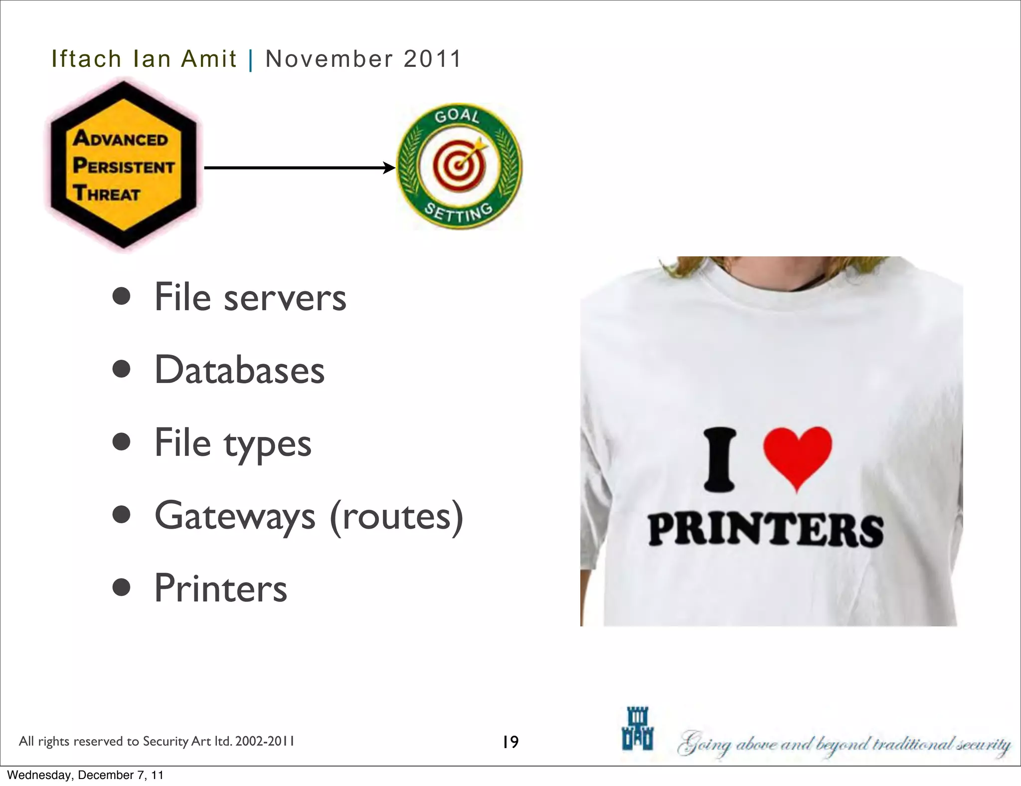 Iftach Ian Amit | November 2011




                 • File servers
                 • Databases
                 • File types
                 • Gateways (routes)
                 • Printers
 All rights reserved to Security Art ltd. 2002-2011   19
Wednesday, December 7, 11
 