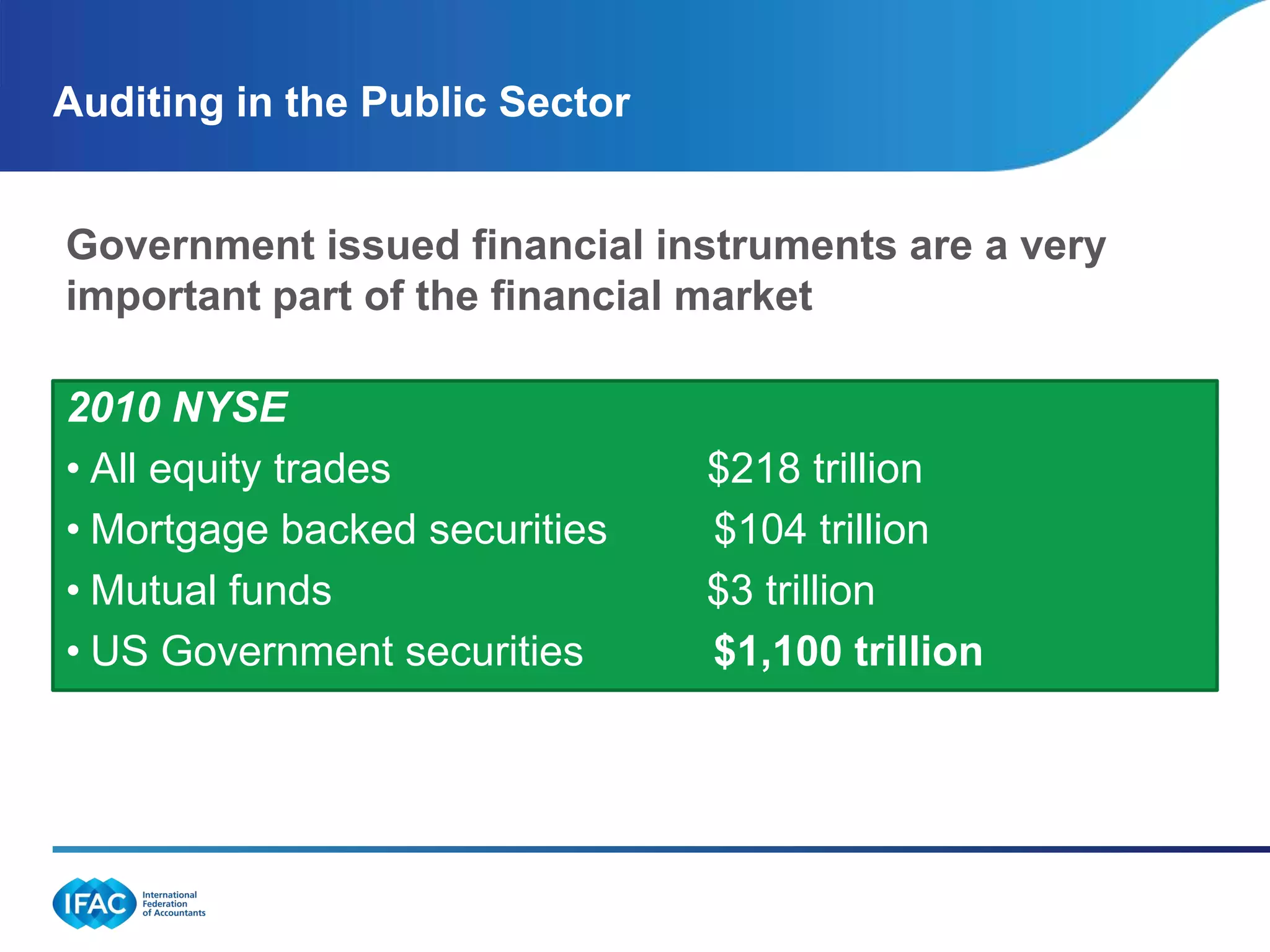 Auditing in the Public Sector


Government issued financial instruments are a very
important part of the financial market

2010 NYSE
• All equity trades             $218 trillion
• Mortgage backed securities    $104 trillion
• Mutual funds                  $3 trillion
• US Government securities      $1,100 trillion
 