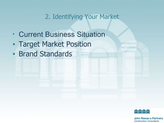 2. Identifying Your Market Current Business Situation   Target Market Position Brand Standards 