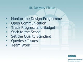 10. Delivery Phase Monitor the Design Programme Open Communication Track Progress and Budget  Stick to the Scope Set the Quality Standard Queries / Issues  Team Work 