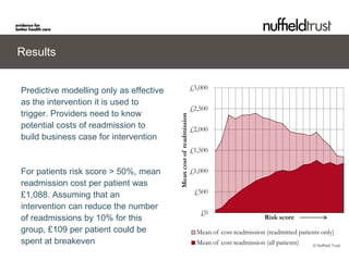 Results

                                                                    £3,000
Predictive modelling only as effective
as the intervention it is used to
                                                                    £2,500
trigger. Providers need to know




                                         Mean cost of readmission
potential costs of readmission to                                   £2,000
build business case for intervention
                                                                    £1,500


For patients risk score > 50%, mean                                 £1,000
readmission cost per patient was
                                                                     £500
£1,088. Assuming that an
intervention can reduce the number
                                                                       £0
of readmissions by 10% for this                                                                Risk score
group, £109 per patient could be                                      Mean of cost readmission (readmitted patients only)
spent at breakeven                                                    Mean of cost readmission (all patients)    © Nuffield Trust
 