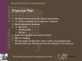 Financial Plan Summary of key points and capital requirements Refers to complete set of statements in appendix Needs assessment breakout Hard costs Working capital Start-up Break-even analysis and payback period Plan for funding Should support all the other claims made in the business plan, showing that your business can survive and grow in the long run 