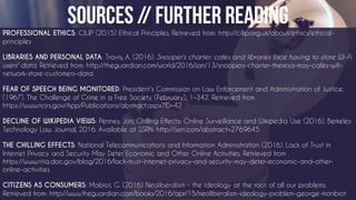 PROFESSIONAL ETHICS: CILIP (2015) Ethical Principles. Retrieved from: http://cilip.org.uk/about/ethics/ethical-
principles
LIBRARIES AND PERSONAL DATA: Travis, A. (2016). Snooper's charter: cafes and libraries face having to store Wi-Fi
users' data. Retrieved from: http://theguardian.com/world/2016/jan/13/snoopers-charter-theresa-may-cafes-wifi-
network-store-customers-data
FEAR OF SPEECH BEING MONITORED: President’s Commission on Law Enforcement and Administration of Justice.
(1967). The Challenge of Crime in a Free Society, (February), 1–342. Retrieved from
https://www.ncjrs.gov/App/Publications/abstract.aspx?ID=42
DECLINE OF WIKIPEDIA VIEWS: Penney, Jon, Chilling Effects: Online Surveillance and Wikipedia Use (2016). Berkeley
Technology Law Journal, 2016. Available at SSRN: http://ssrn.com/abstract=2769645
THE CHILLING EFFECTS: National Telecommunications and Information Administration (2016). Lack of Trust in
Internet Privacy and Security May Deter Economic and Other Online Activities. Retrieved from
https://www.ntia.doc.gov/blog/2016/lack-trust-internet-privacy-and-security-may-deter-economic-and-other-
online-activities
CITIZENS AS CONSUMERS: Mobiot, G. (2016) Neoliberalism – the ideology at the root of all our problems.
Retrieved from: http://www.theguardian.com/books/2016/apr/15/neoliberalism-ideology-problem-george-monbiot
 