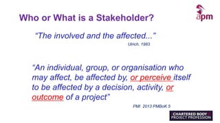 Who or What is a Stakeholder?
“An individual, group, or organisation who
may affect, be affected by, or perceive itself
to be affected by a decision, activity, or
outcome of a project”
“The involved and the affected...”
Ulrich, 1983
PMI 2013 PMBoK 5
 