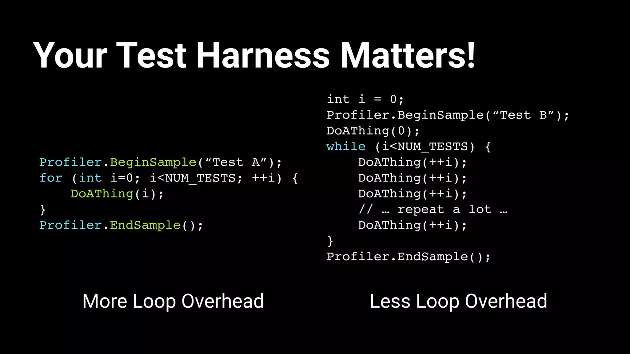 Your Test Harness Matters!
Profiler.BeginSample(“Test A”);
for (int i=0; i<NUM_TESTS; ++i) {
DoAThing(i);
}
Profiler.EndSample();
int i = 0;
Profiler.BeginSample(“Test B”);
DoAThing(0);
while (i<NUM_TESTS) {
DoAThing(++i);
DoAThing(++i);
DoAThing(++i);
// … repeat a lot …
DoAThing(++i);
}
Profiler.EndSample();
Less Loop OverheadMore Loop Overhead
 