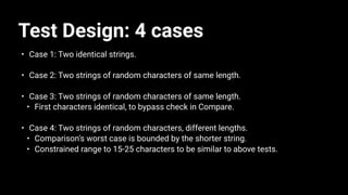 Test Design: 4 cases
• Case 1: Two identical strings.
• Case 2: Two strings of random characters of same length.
• Case 3: Two strings of random characters of same length.
• First characters identical, to bypass check in Compare.
• Case 4: Two strings of random characters, different lengths.
• Comparison’s worst case is bounded by the shorter string.
• Constrained range to 15-25 characters to be similar to above tests.
 