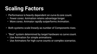 Scaling Factors
• Performance is heavily dependent on curve & core count.
• Fewer cores: Animation retains advantage longer.
• More cores: Animator rapidly outperforms Animation.
• Both systems scale linearly as number of Components rises.
• “Best” system determined by target hardware vs curve count.
• Use Animation for simple animations.
• Use Animators for high curve counts or complex scenarios.
 